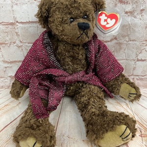 Vintage 1993 TY Attic Treasures Tyrone the brown teddy Bear in sparkly robe Plush Stuffed Animal Original Beanie Baby Jointed Large 12” tall