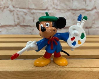 Vintage Mickey Mouse als schilder kunstenaar Disney miniatuur PVC minifiguur speelgoed van Bully West-Duitsland, met de hand beschilderd - Zeldzaam