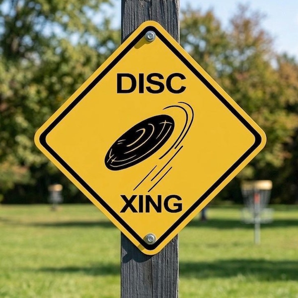 Panneau métallique Disc Xing : panneau d'avertissement jaune pour le frisbee golf