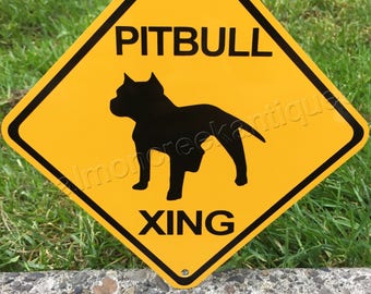 PIT BULL Xing Metal Caution Yellow Dog Crossing Sign 6"x6" or 12"x12" NEW (2 sizes available) New & Handmade!