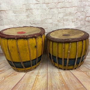 Vintage set of 2 Indonesian Handmade Wood Ceremonial Drums from Lombok