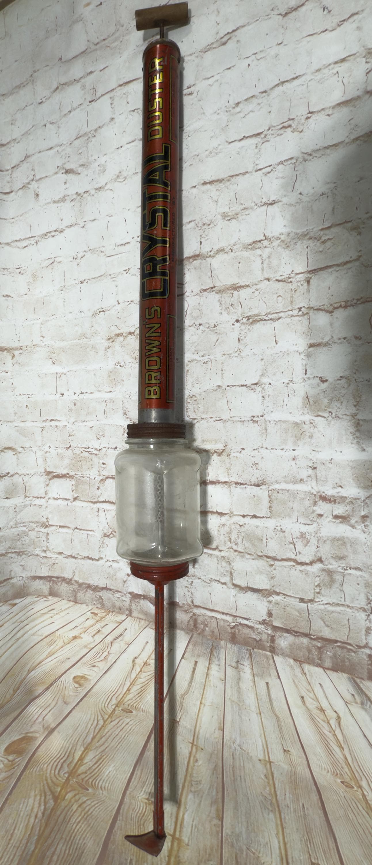 Vintage 1940’s Brown’s Crystal Duster 40” Insect Pesticide Bug Sprayer with Glass Dispenser Canister & Antique wood handle - Made in the USA