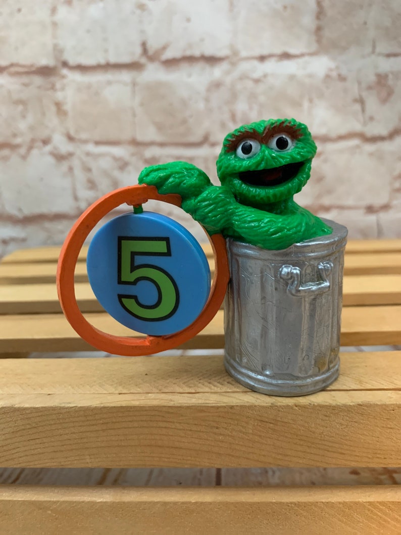 Vintage Sesame Street Oscar the Grouch in trash can with number 5 Mini PVC Miniature Action Figure Toys Figurine by Applause 5th Birthday image 1