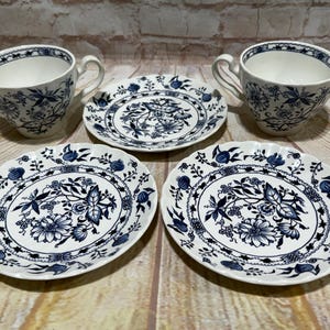 Vintage Set of Johnson Brothers Saxony Teacups and Saucers | Blue Onion Pattern English Ironstone: Made in England Stoke-on-Trent Blue White
