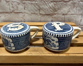 Vintage Royal USA Currier & Ives Blue and White Toile Salt and Pepper Shakers - Horse with Carriage Scene