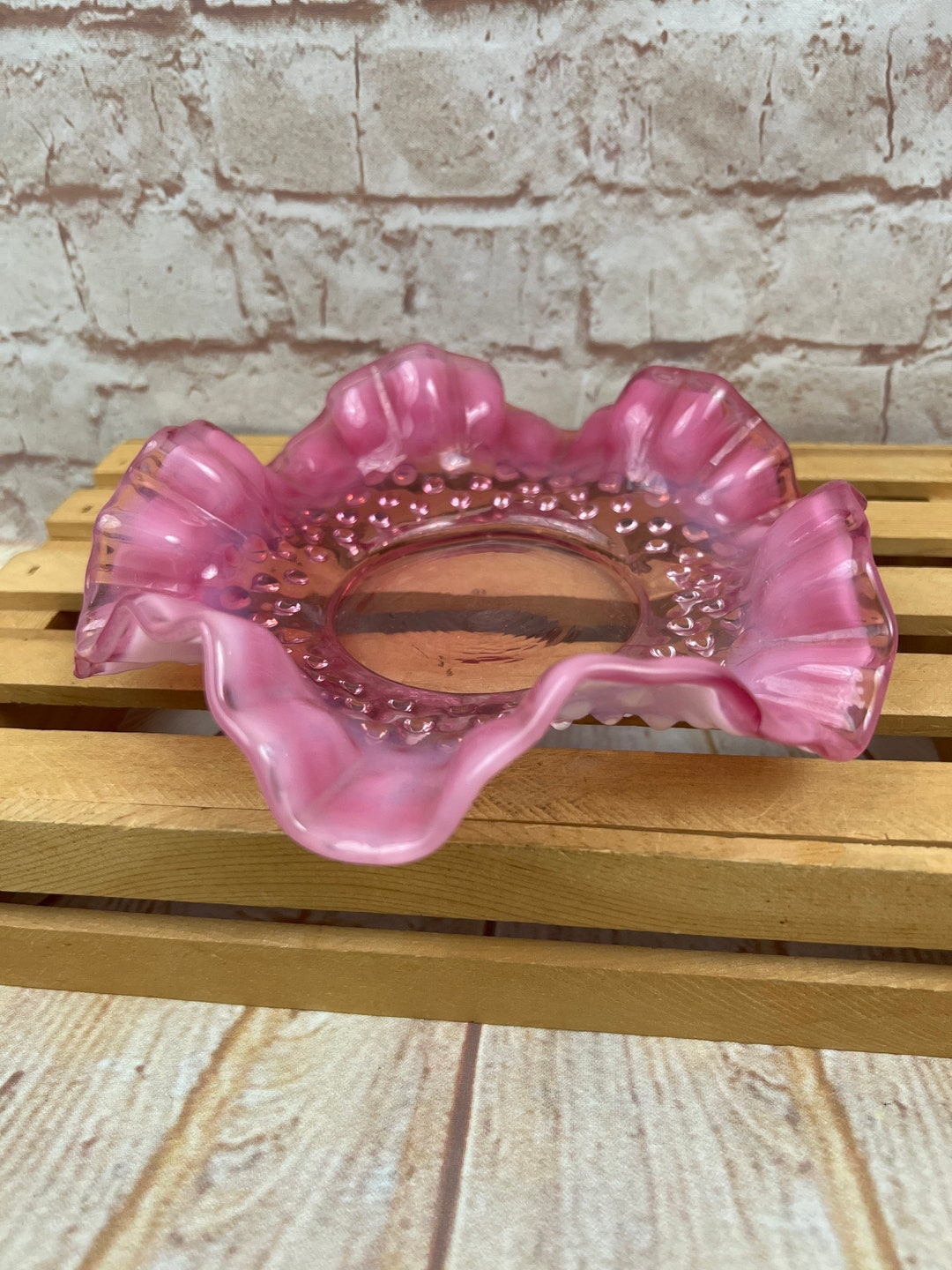 Retro Raspberry Ruffle Tin Vintage Fenton Opalescent Red Raspberry Ruffled Hobnail Glass Candy ...