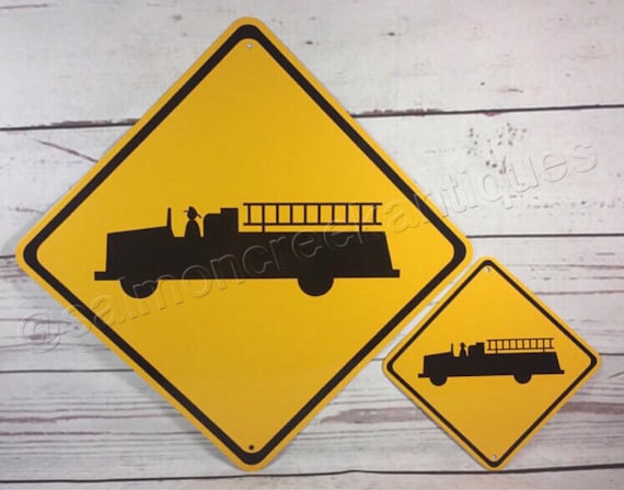 Fire Truck Xing Metal Sign: Yellow Caution Crossing, Firefighter Decor