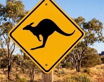 Kangaroo Crossing Sign: Yellow Metal Australia Zoo Decor