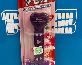 Vintage Happy Valentines Day Purple Heart with printed heart stem PEZ Candy Dispenser Mint on card