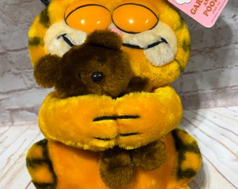 Vintage 1981 Garfield die Katze mit Pooky Bear Große 12 Zoll Plüsch Stofftier Plushie Katze von Dakin mit Tags (Augen geschlossen) Selten!
