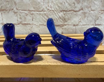 Vintage Set of 2 Biedermann Cobalt Blue Glass Birds mini Candleholders 2” - Bluebird of Happiness