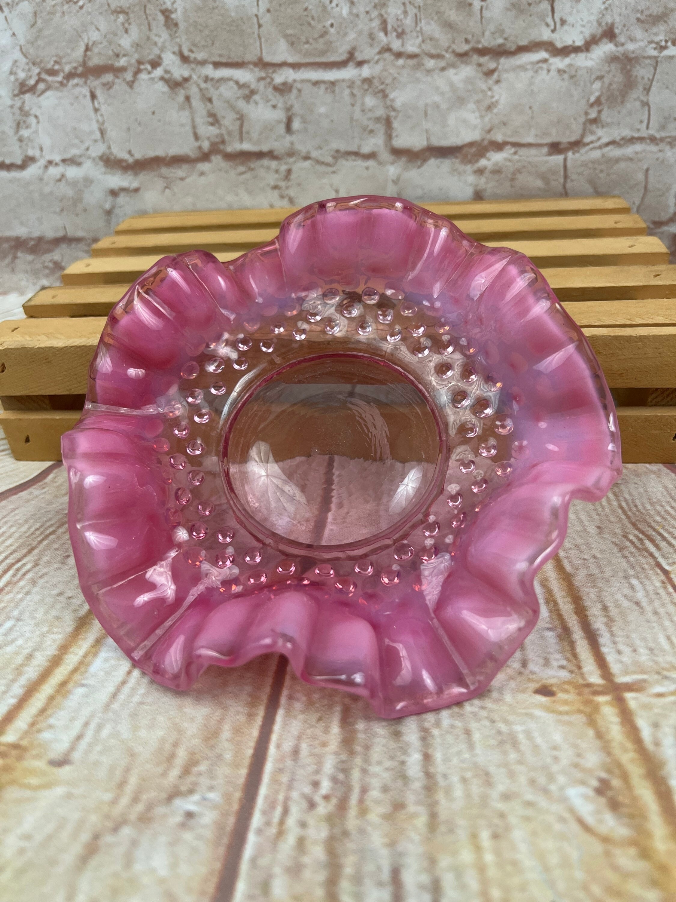 Retro Raspberry Ruffle Tin Vintage Fenton Opalescent Red Raspberry Ruffled Hobnail Glass Candy ...