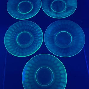 Vintage Set of 5 Federal Raindrop Green Depression Uranium Glass Small Saucer Plates 5.5” - UV Blacklight Glows!