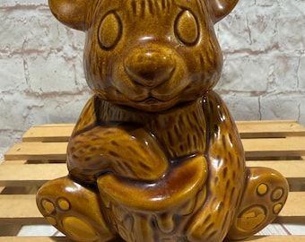 Vintage Mid-Century Honey Bear Ceramic Honey Pot with lid - 1970s Drip Glaze Pottery - Made in Taiwan - Kitsch Kitchen Decor