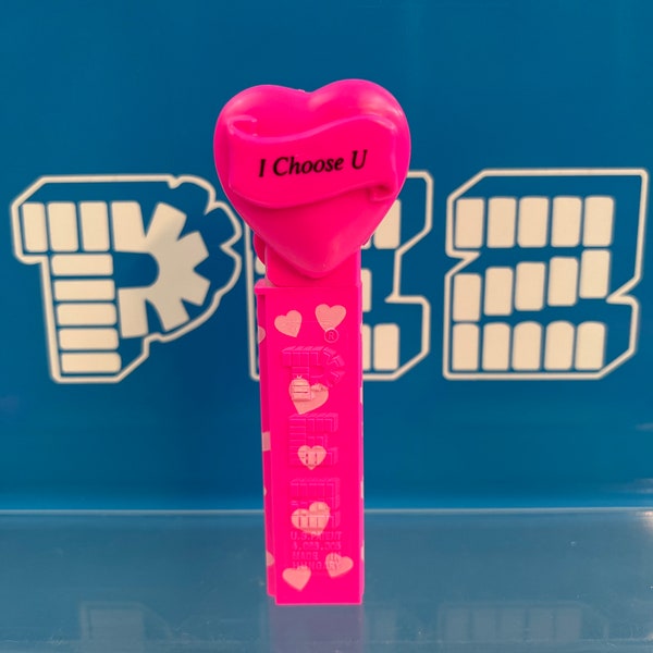 Vintage “I Choose U” Valentines Day Neon Pink Heart with printed heart stem PEZ Candy Dispenser
