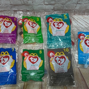 Vintage 1998 Mixed lot of 7 McDonalds TY Teenie Beanie Babies Plush Stuffed Animals #1,3,5,7,8,10,12 - New in bags (lotB)