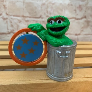 Vintage Sesame Street Oscar the Grouch in trash can with number 5 Mini PVC Miniature Action Figure Toys Figurine by Applause 5th Birthday image 2