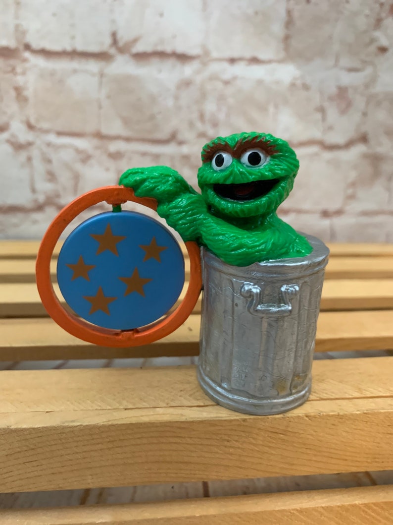 Vintage Sesame Street Oscar the Grouch in trash can with number 5 Mini PVC Miniature Action Figure Toys Figurine by Applause 5th Birthday image 2