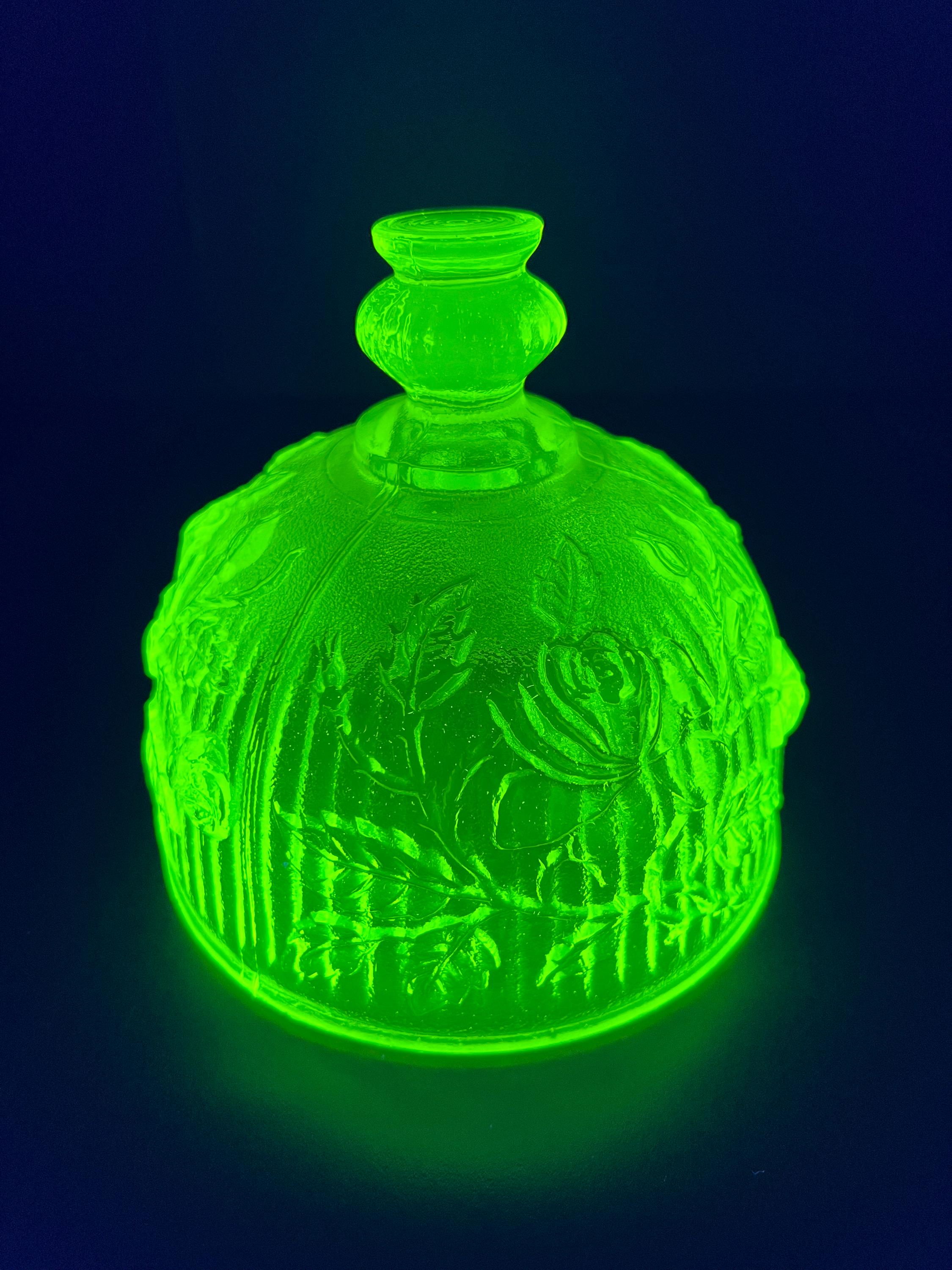 Vintage Imperial Glass Vaseline Uranium Yellow Green Glass Butter Dish Dome Lid ONLY - (Rose Pattern) - UV Blacklight Glows!