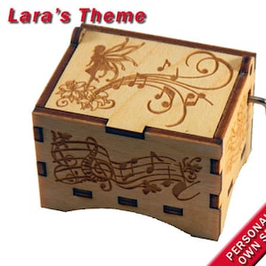 Fairy Music Box, &quot;Lara&#39;s Theme&quot;, Laser Engraved Wood Hand Crank Music Box