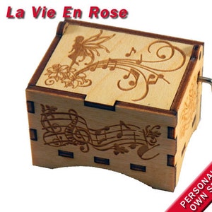 Fairy Music Box, &quot;La Vie En Rose&quot;, Laser Engraved Wood Hand Crank Music Box