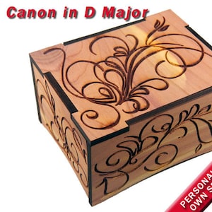 Aromatic Red Cedar Windup Music Box w/Velvet Tray, &quot;Canon in D Major&quot;, Laser Engraved, Gold Movement