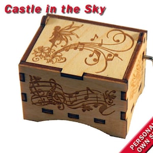 Fairy Music Box, &quot;Castle in the Sky&quot;, Laser Engraved Wood Hand Crank Music Box