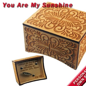 Windup Music Box, &quot;You Are My Sunshine&quot;, Laser Engraved Birch Wood