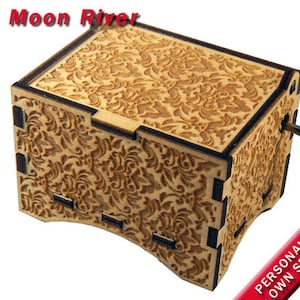 Damask Music Box, &quot;Moon River&quot;, Laser Engraved Wood Hand Crank Music Box