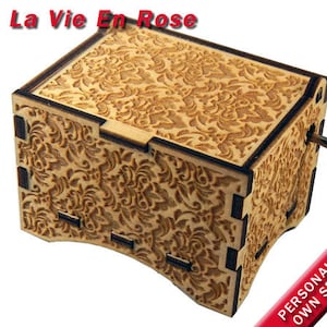 Damask Music Box, &quot;La Vie En Rose&quot;, Laser Engraved Wood Hand Crank Music Box