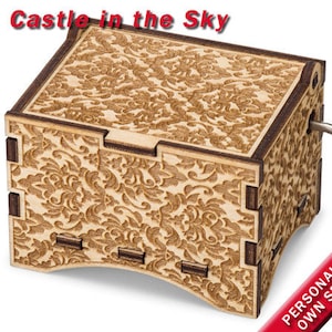 Damask Music Box, &quot;Castle in the Sky&quot;, Laser Engraved Wood Hand Crank Music Box