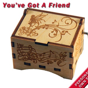 Fairy Music Box, &quot;You&#39;ve Got a Friend&quot; by Carole King, Laser Engraved Wood Hand Crank Music Box