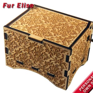 Damask Music Box, &quot;Fur Elise&quot; by Beethoven, Laser Engraved Wood Hand Crank Music Box