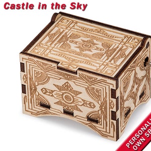 Vintage Music Box, &quot;Castle in the Sky&quot;, Laser Engraved Wood Hand Crank Music Box