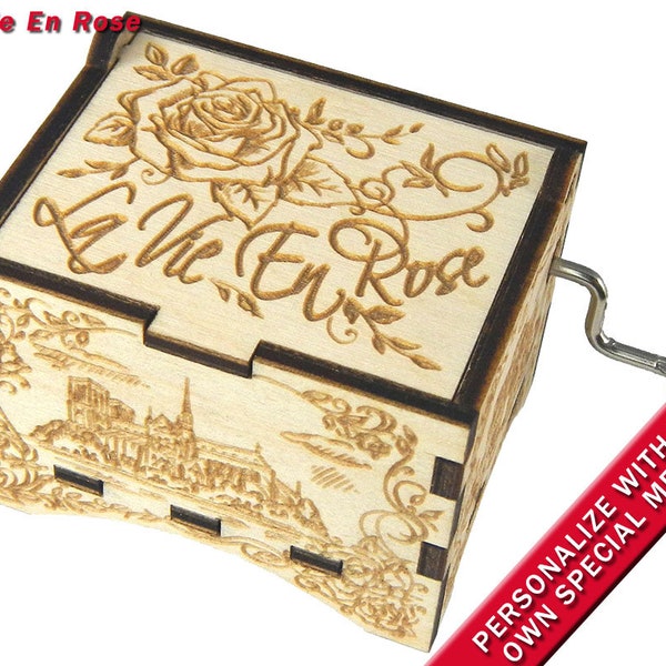 Artistic Music Box, "La Vie En Rose", Laser Engraved Wood Hand Crank Music Box