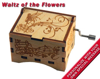 Fairy Music Box, "Waltz of the Flowers", Laser Engraved Wood Hand Crank Music Box