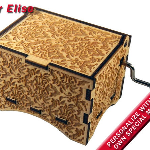 Damask Music Box, "Fur Elise" by Beethoven, Laser Engraved Wood Hand Crank Music Box