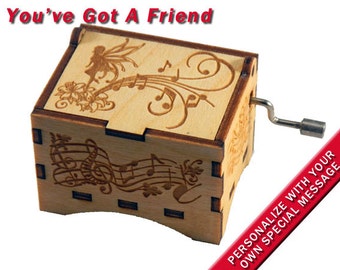 Fairy Music Box, "You've Got a Friend" by Carole King, Laser Engraved Wood Hand Crank Music Box