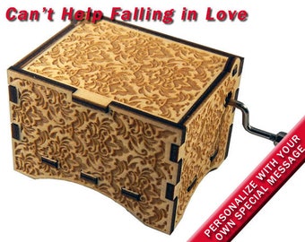 Damask Music Box, "Can't Help Falling In Love", Laser Engraved Wood Hand Crank Music Box