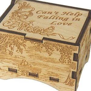 Artistic Music Box, &quot;Can&#39;t Help Falling In Love&quot;, Laser Engraved Wood Hand Crank Music Box