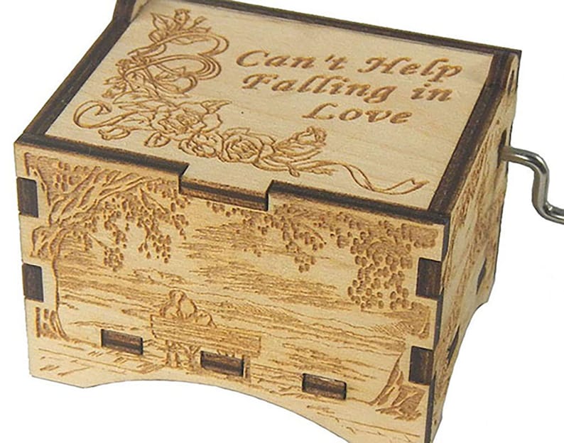 Artistic Music Box, Can't Help Falling In Love, Laser Engraved Wood Hand Crank Music Box image 1