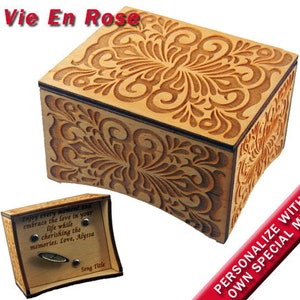 Windup Music Box, "La Vie En Rose", Laser Engraved Birch Wood