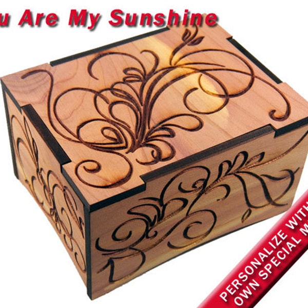 Aromatic Red Cedar Windup Music Box w/Velvet Tray, "You Are My Sunshine", Laser Engraved, Gold Movement