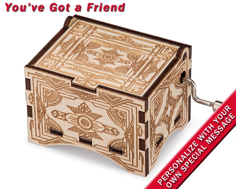 Vintage Music Box, You've Got A Friend by Carole King, Laser Engraved Wood Hand Crank Music Box afbeelding 1
