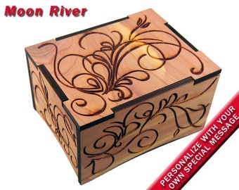 Aromatic Red Cedar Windup Music Box w/Velvet Tray, "Moon River", Laser Engraved, Gold Movement
