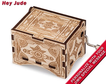 Vintage Music Box, "Hey Jude", Laser Engraved Wood Hand Crank Music Box