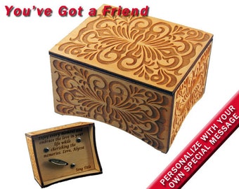 Windup Music Box, "You've Got a Friend" by Carole King, Laser Engraved Birch Wood