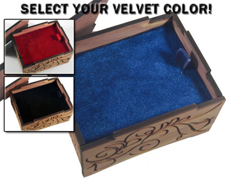 May include: A wooden box with an intricate carved design and a velvet lining. The box is open and the inside is lined with blue velvet. The text "SELECT YOUR VELVET COLOR!" is visible at the top of the image.