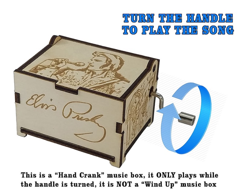 K&ouml;nnte beinhalten: Eine Holz-Musikbox mit einer Handkurbel. Die Box zeigt ein lasergraviertes Bild von Elvis Presley, der in ein Mikrofon singt. Der Text "Drehe die Kurbel, um das Lied abzuspielen" ist &uuml;ber der Box gedruckt. Der Text "Dies ist eine "Handkurbel"-Musikbox, sie spielt NUR, wenn die Kurbel gedreht wird, es ist KEINE "Aufzieh"-Musikbox" ist unter der Box gedruckt.