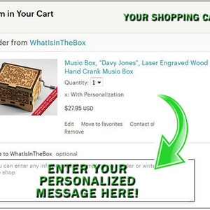 May include: A wooden music box with a laser engraved design. The music box is hand-cranked and has a personalized message option. The text on the image reads "Music Box, "Davy Jones", Laser Engraved Wood Hand Crank Music Box".